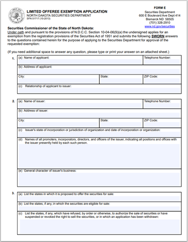 ND- North Dakota Limited Offeree Exemption Application Form-E