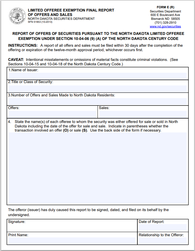 ND- North Dakota Limited Offeree Exemption Final Report of Offers and Sales Form-(E)R