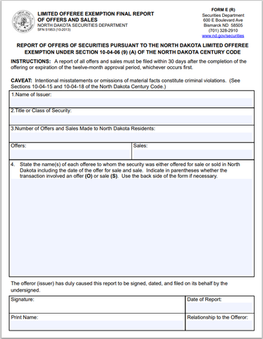 ND- North Dakota Limited Offeree Exemption Final Report of Offers and Sales Form-(E)R