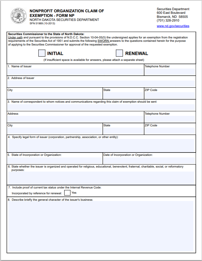 ND- North Dakota Nonprofit Organization Claim of Exemption Form-NP