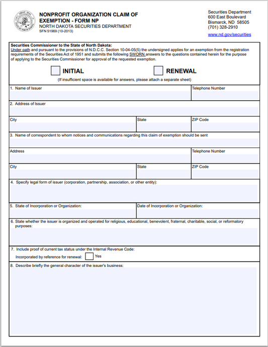 ND- North Dakota Nonprofit Organization Claim of Exemption Form-NP