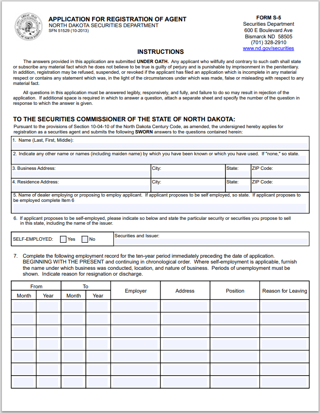 ND- North Dakota Securities Agent Registration Application Form S-5