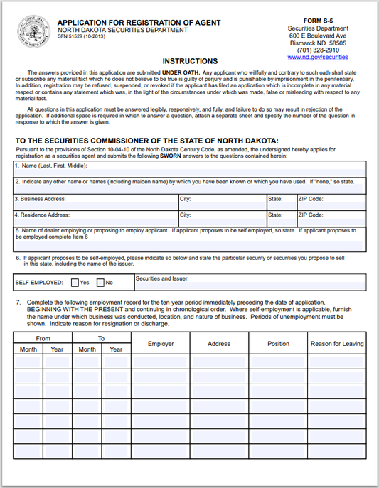 ND- North Dakota Securities Agent Registration Application Form S-5