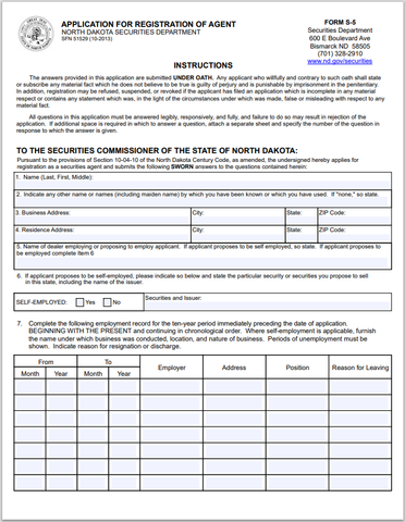 ND- North Dakota Securities Agent Registration Application Form S-5