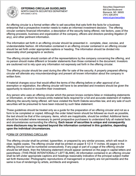 ND- North Dakota Securities Offering Circular Guidelines