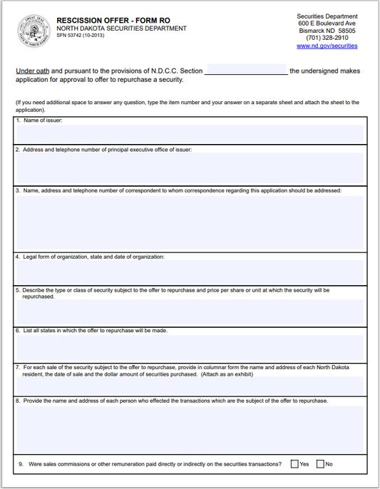 ND- North Dakota Securities Rescission Offer Form-RO