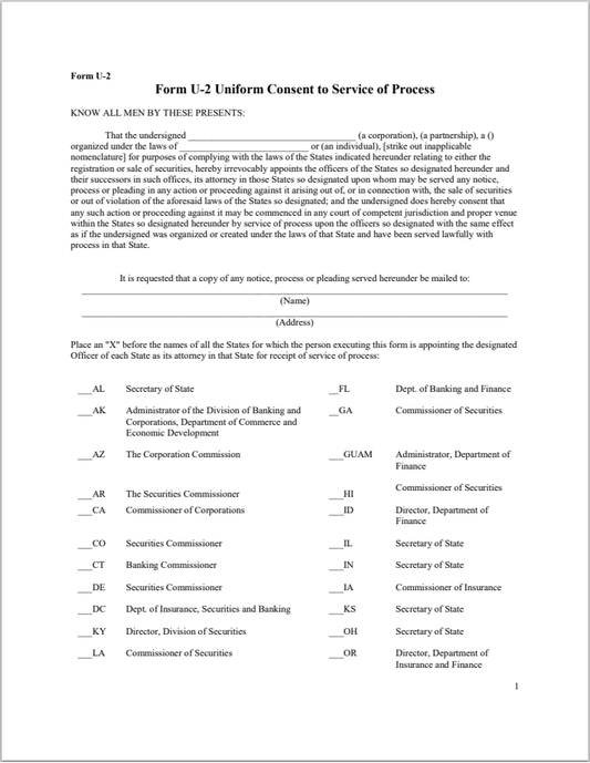ND- North Dakota Uniform Consent to Service of Process Form U-2