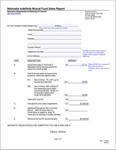 NE- Nebraska Indefinite Mutual Fund Sales Report Form