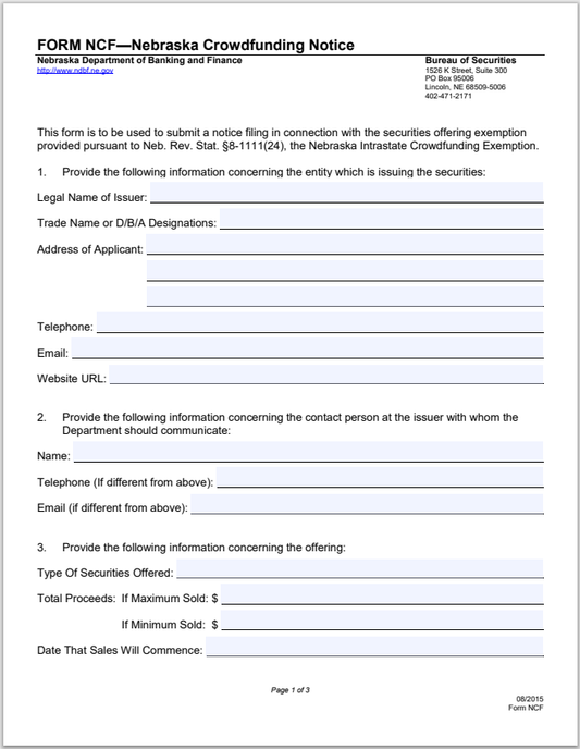 NE- Nebraska Intrastate Crowdfunding Notice Exemption Form-NCF