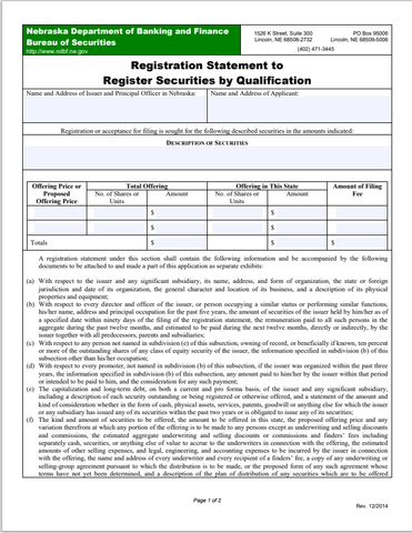 NE- Nebraska Registration Statement to Register Securities by Qualification Form