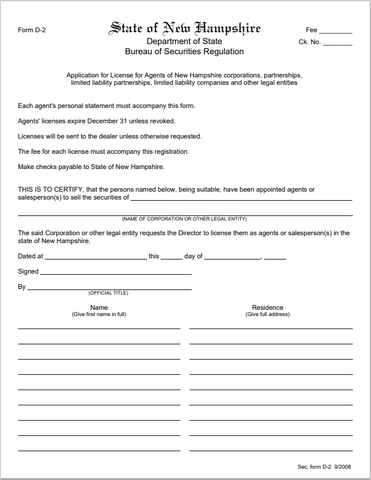 NH- New Hampshire Application for Agent License Form D-2