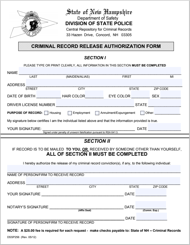 NH- New Hampshire Criminal Record Release Authorization Form