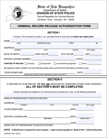 NH- New Hampshire Criminal Record Release Authorization Form