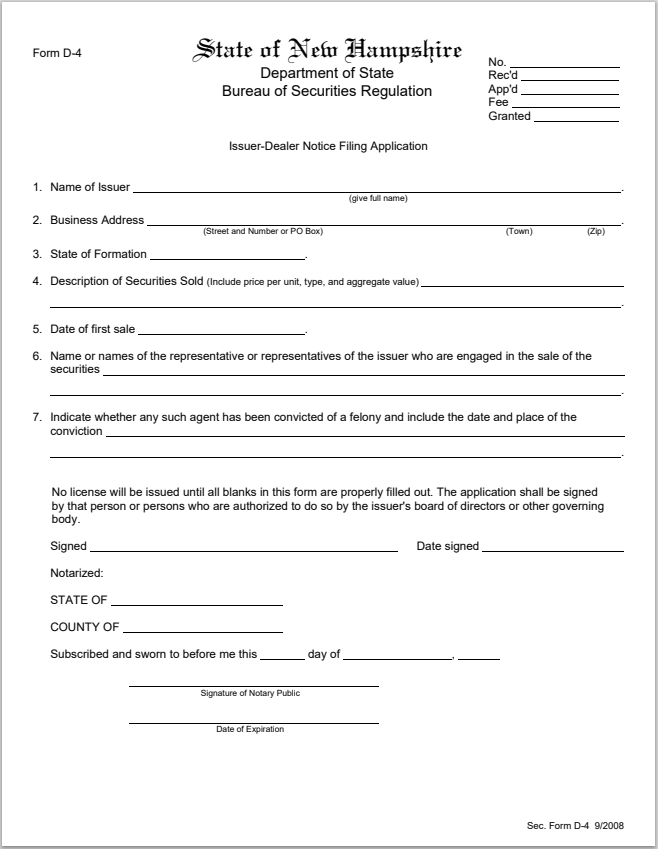 NH- New Hampshire Issuer-Dealer Notice Filing Application Form D-4