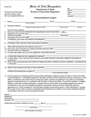 NH- New Hampshire Personal Statement of Agent Form D-3