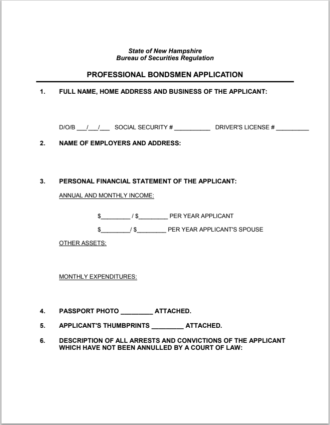 NH- New Hampshire Professional Bondsman Application Form