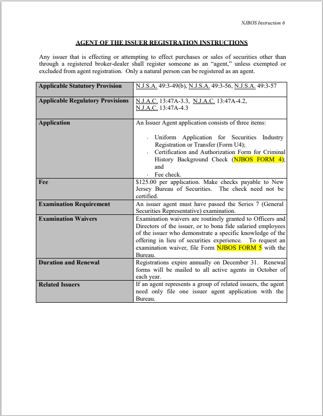 NJ- New Jersey Agent of the Issuer Registration Instructions