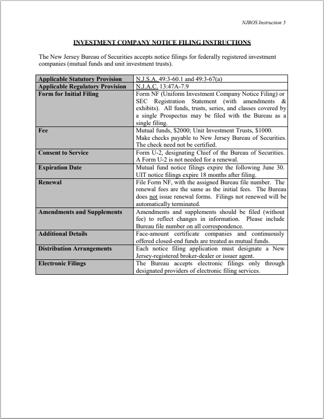 NJ- New Jersey Investment Company Notice Filing Instructions