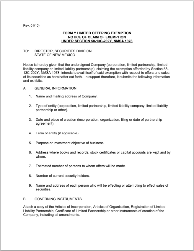 NM- New Mexico Limited Offering Exemption Form-Y