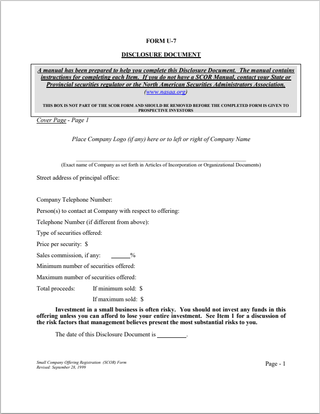 NM- New Mexico Small Company Offering Registration - SCOR Form U-7