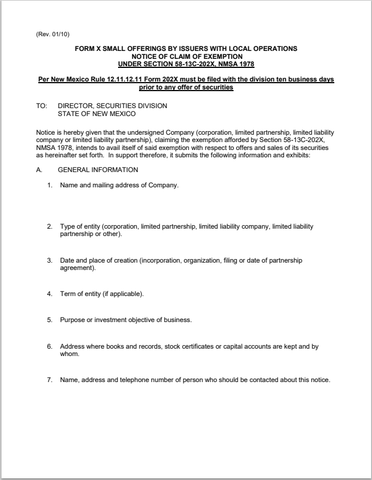 NM- New Mexico Small Offerings by Issuers with Local Operations Exemption Form-X