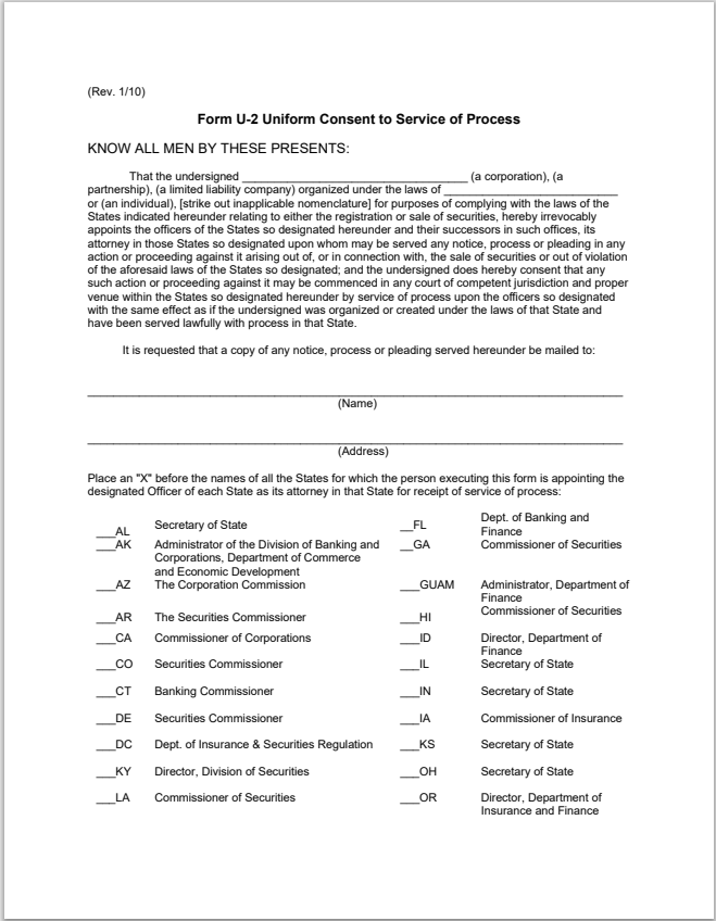 NM- New Mexico Uniform Consent to Service of Process Form U-2