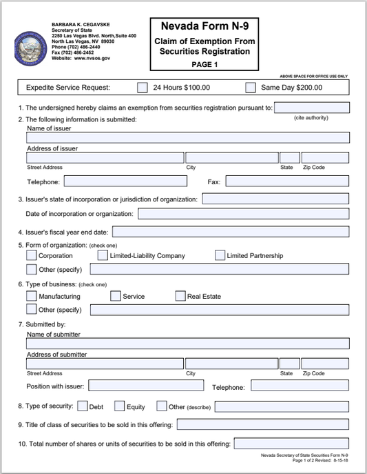 NV- Nevada Claim of Exemption from Securities Registration Form N-9