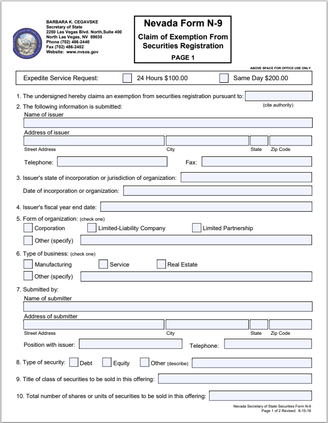 NV- Nevada Claim of Exemption from Securities Registration Form N-9