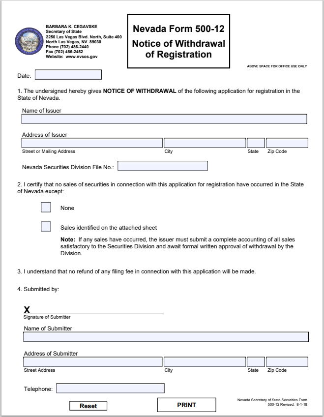 NV- Nevada Notice of Withdrawal of Registration Form NAC 500-12