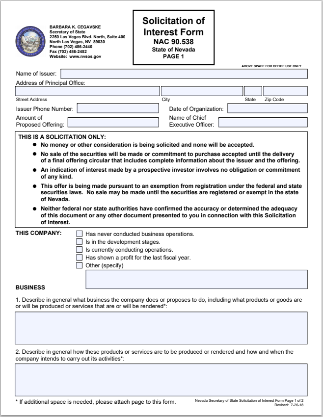 NV- Nevada Solicitation of Interest Form NAC 90.538