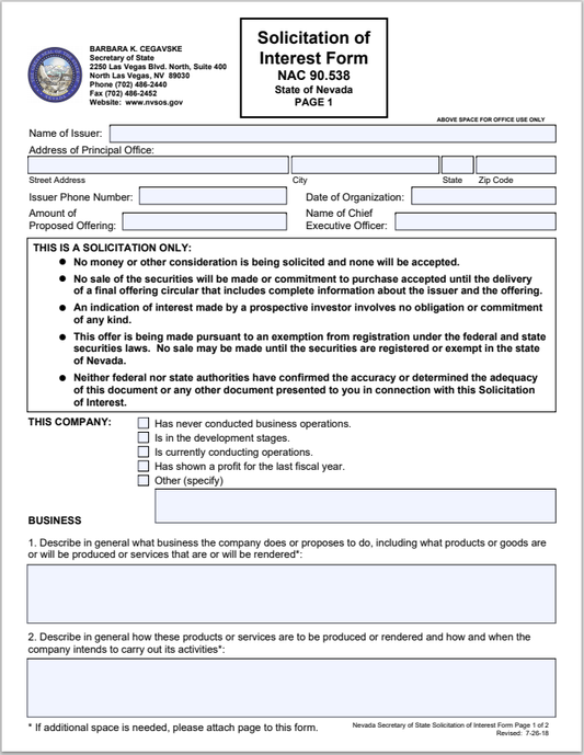 NV- Nevada Solicitation of Interest Form NAC 90.538