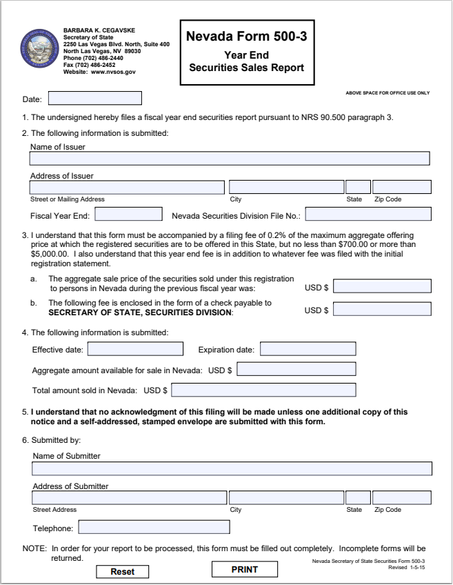 NV- Nevada Year End Securities Sales Report Form 500-3