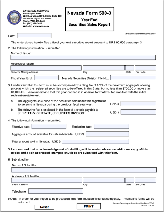 NV- Nevada Year End Securities Sales Report Form 500-3