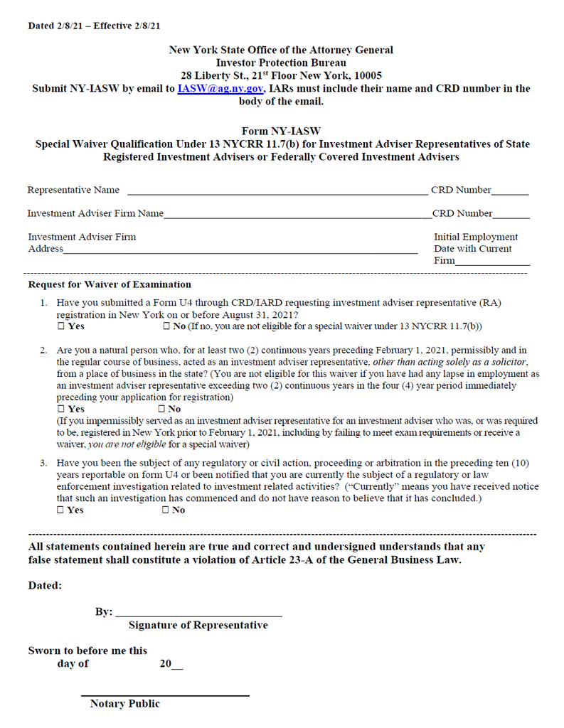 IA- New York Form NY-IASW (Special Waiver Qualification)
