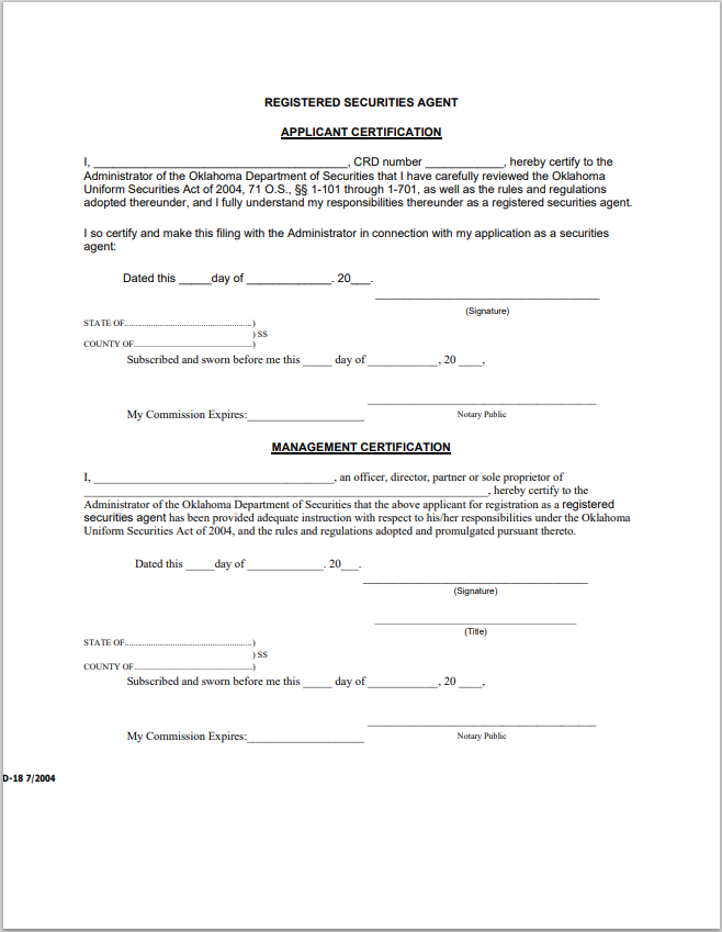 OK- Oklahoma Registered Securities Agent Application Certification Form