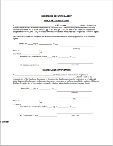 OK- Oklahoma Registered Securities Agent Application Certification Form