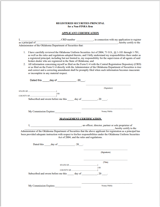 OK- Oklahoma Registered Securities Principal for Non-FINRA Firm Agent App. Cert. Form
