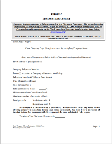 OK- Oklahoma Small Company Offering Registration - SCOR Form U-7
