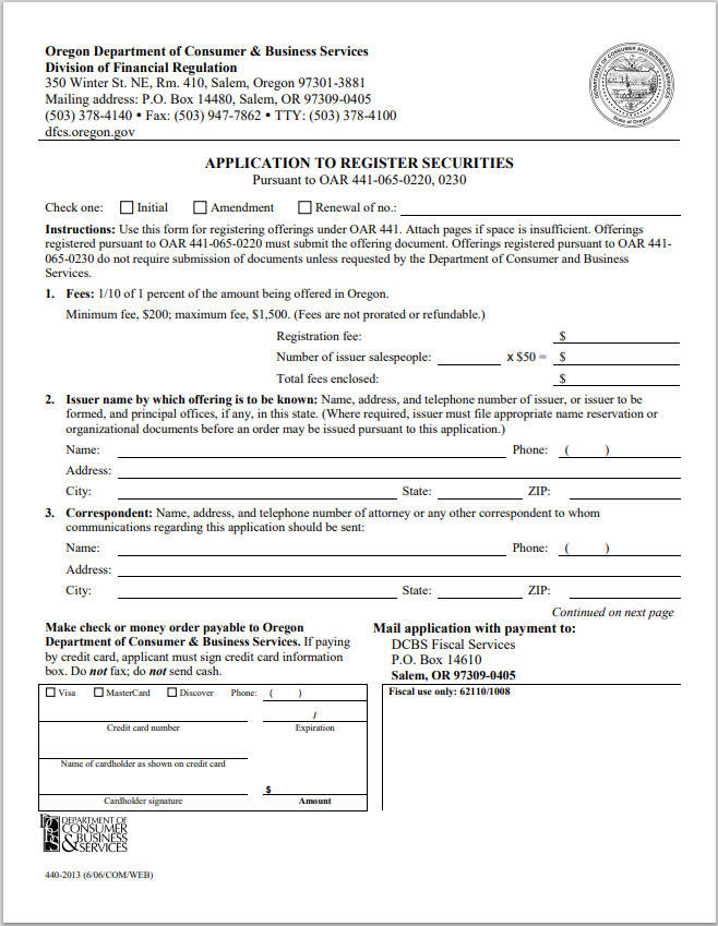 OR- Oregon Application to Register Securities Form