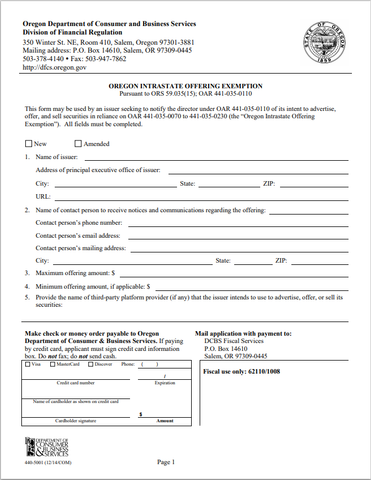 OR- Oregon Intrastate Offering Registration Exemption Form