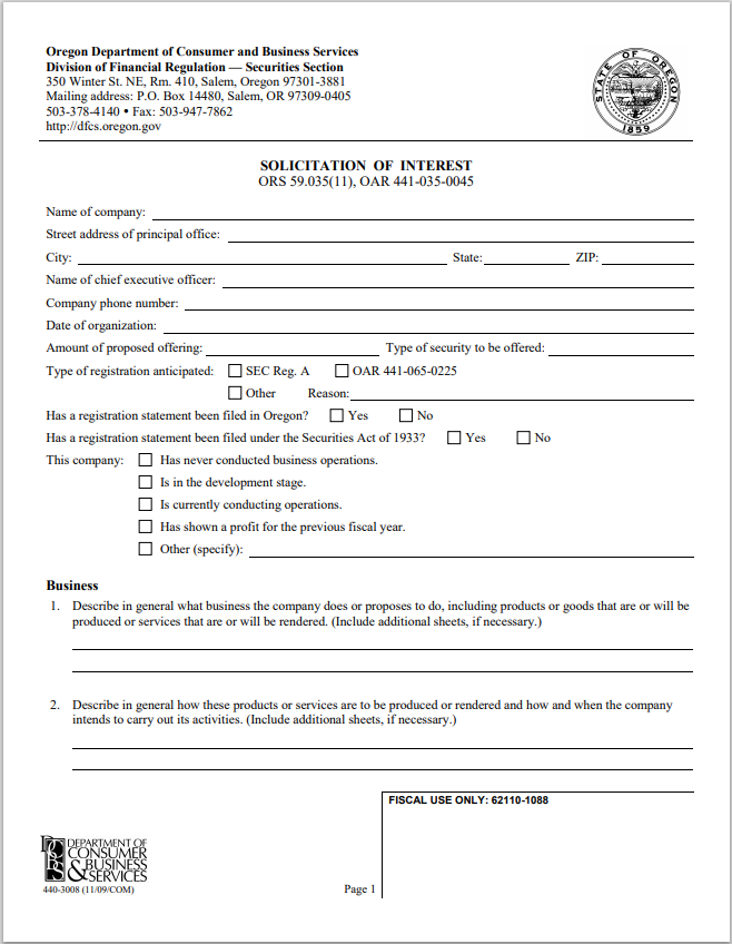 OR- Oregon Offering Solicitation of Interest Form