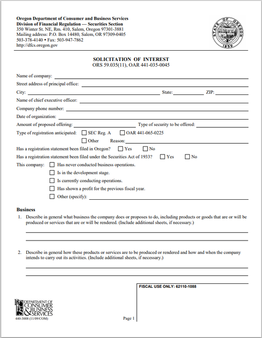 OR- Oregon Offering Solicitation of Interest Form