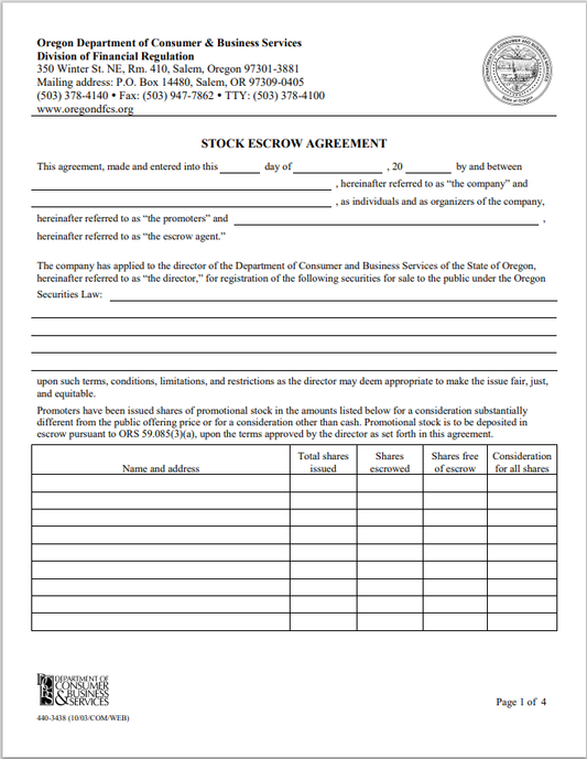 OR- Oregon Promotional Stock Escrow Agreement Form