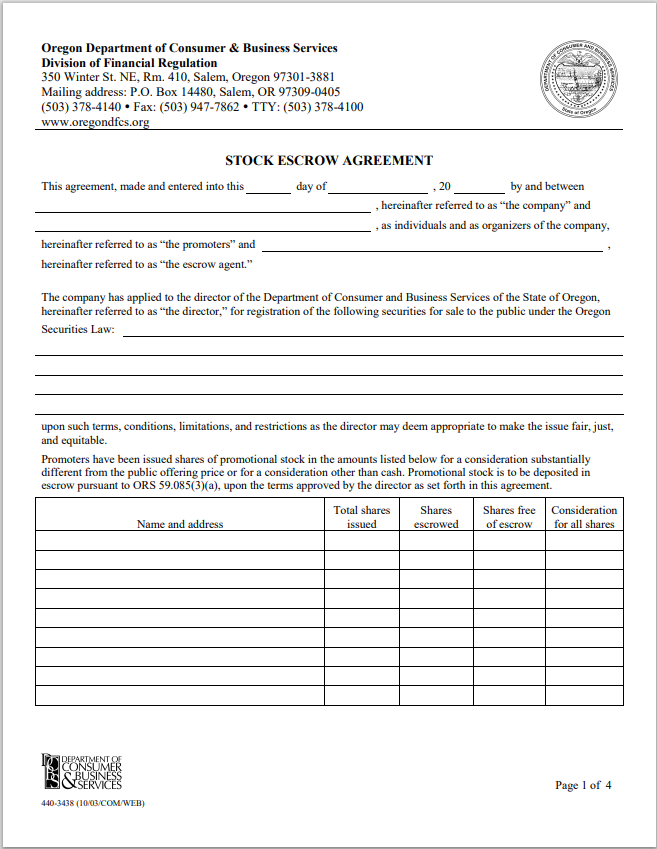 OR- Oregon Promotional Stock Escrow Agreement Form
