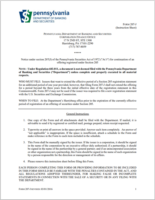 PA- Pennsylvania Continuation of Section 205 Registration Form-207j