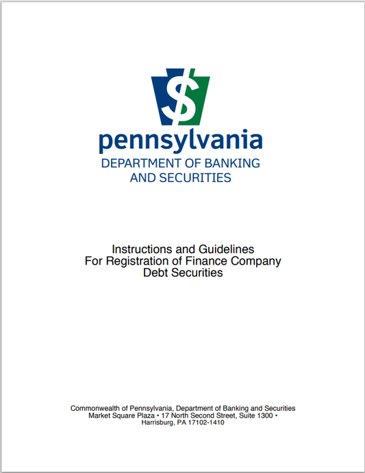 PA- Pennsylvania Finance Company Debt Securities Registration Guidelines