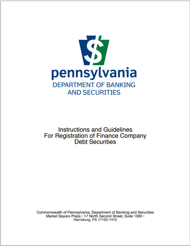 PA- Pennsylvania Finance Company Debt Securities Registration Guidelines