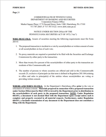 PA- Pennsylvania Securities Proxy Materials Form-203o