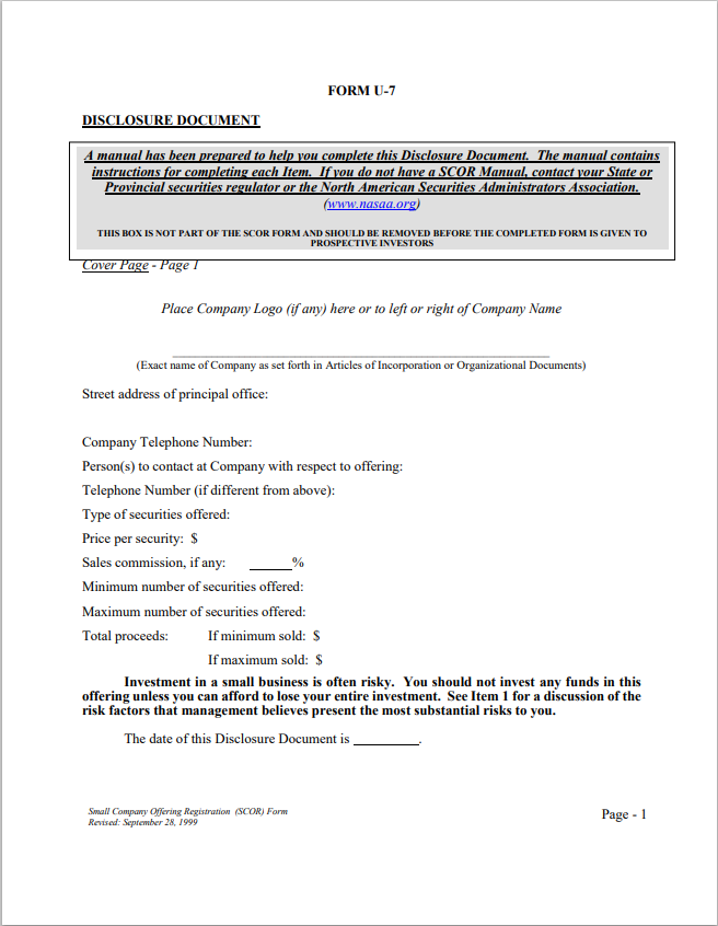 PA- Pennsylvania Small Company Offering Registration - SCOR Form U-7