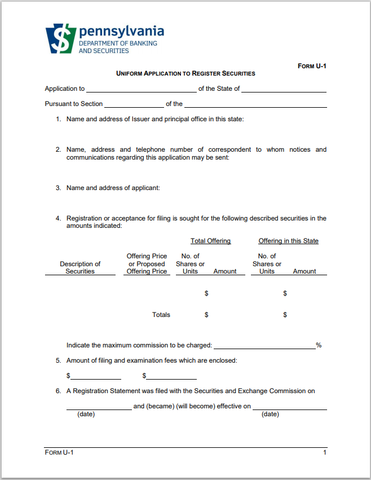 PA- Pennsylvania Uniform Application to Register Securities Form U-1